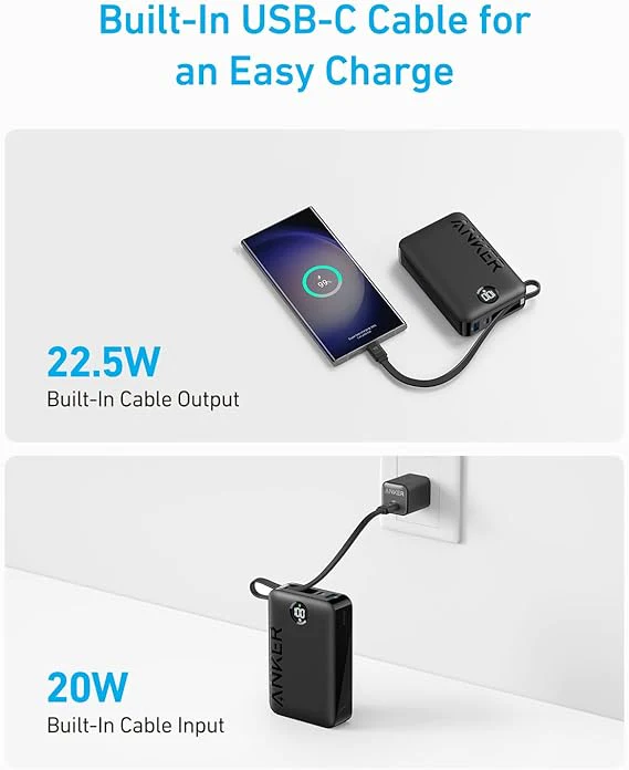 Anker 335 Power Bank (20K 22.5W PD, Built-In USB-C Cable)-Black