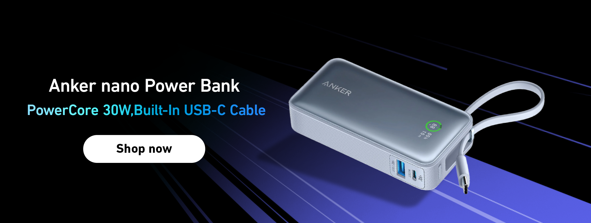 Anker nano Power Bank (PowerCore 30W,Built-In USB-C Cable) -Blue